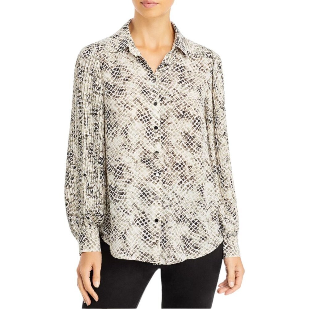 Tahari Snake Print Pleated Sleeve Blouse Button Up Career Workwear Womens S